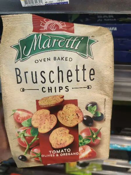 Oven Baked Bruschette Chips with Tomato, Olives and Oregano